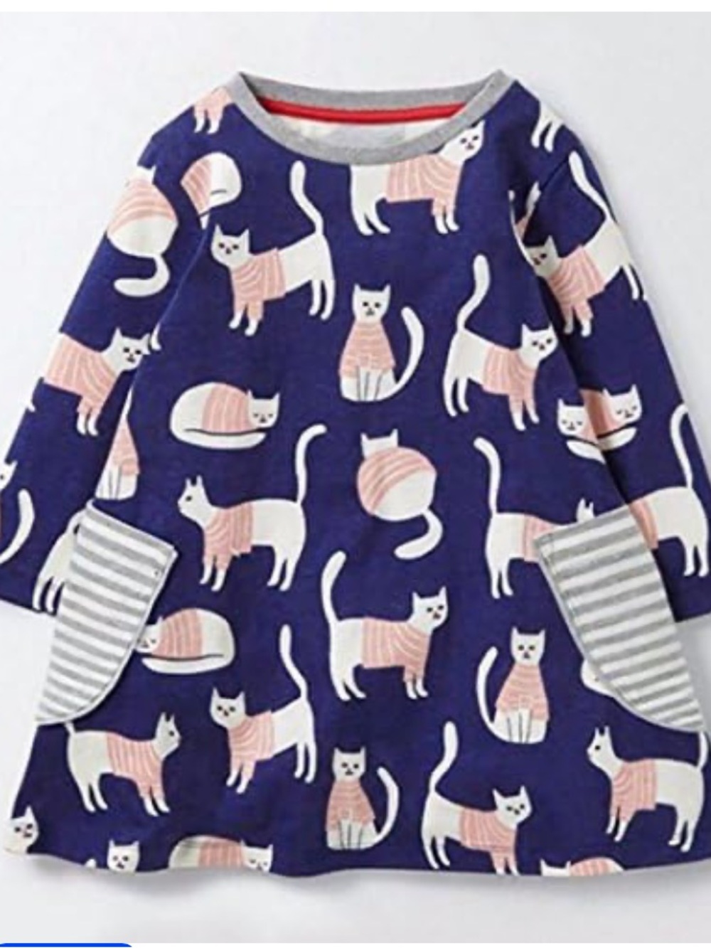 Mini Boden Navy Blue Dress with Pink and White Cat Print